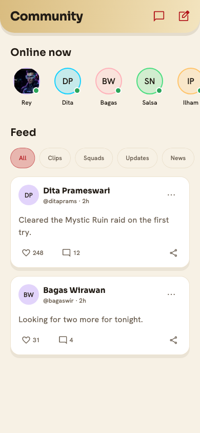 The community feed with online players and posts
