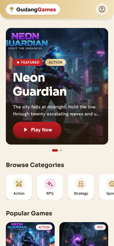The GudangGames home screen with featured and popular games